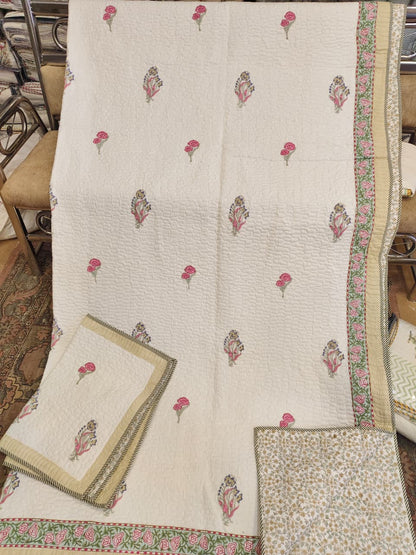 Pure Bloom Handblock Reversible Quilted Bedcover Set