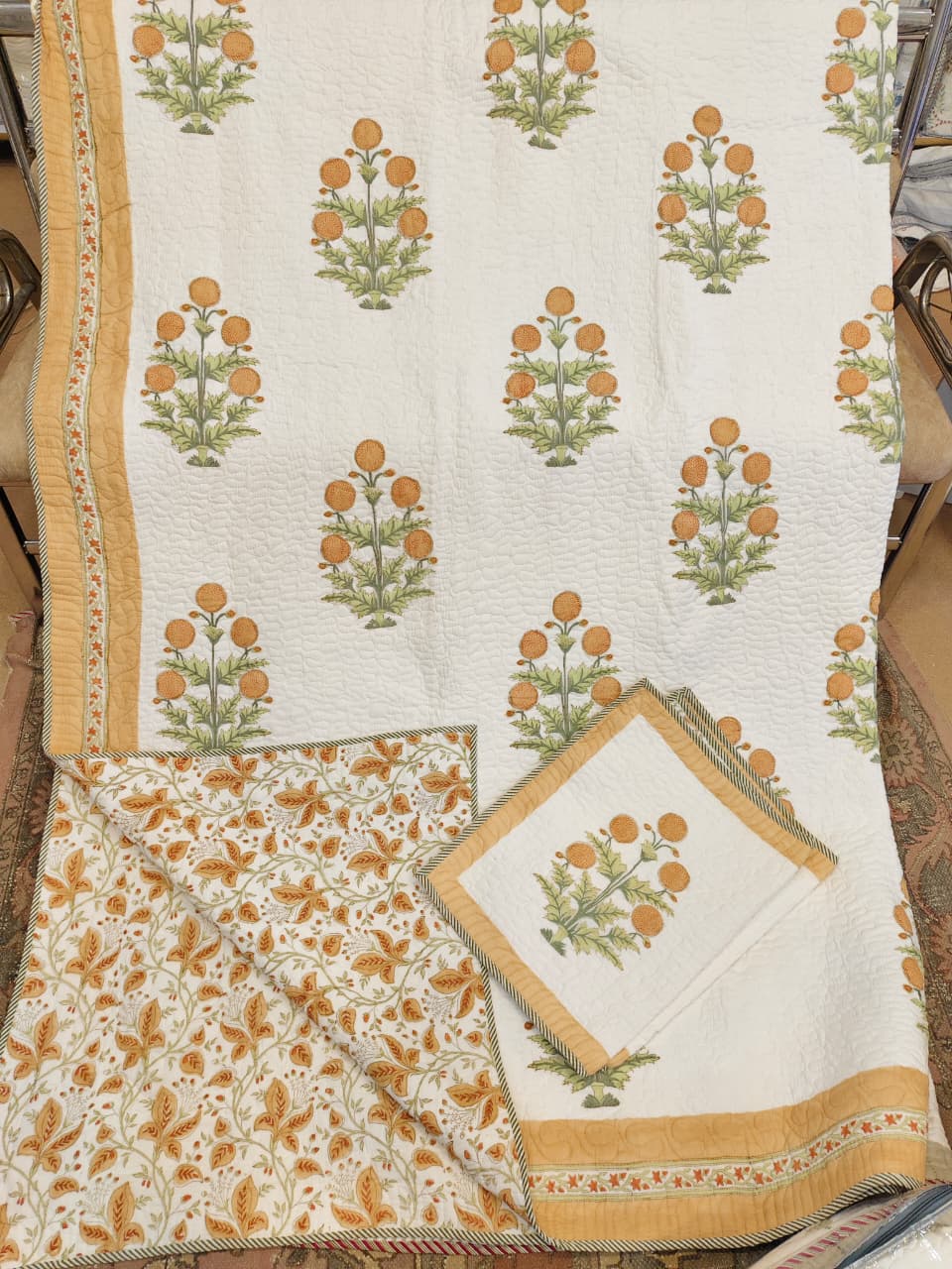 Genda Bagh Handblock Reversible Quilted Bedcover Set