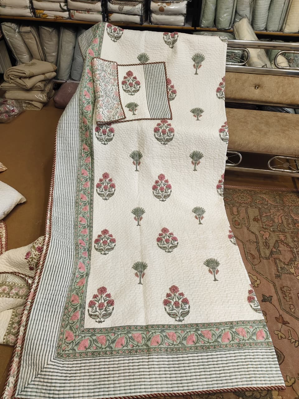 Pink Cypress Handblock Reversible Quilted Bedcover Set