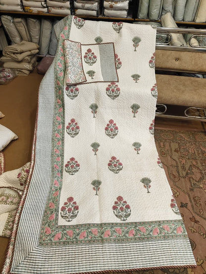 Pink Cypress Handblock Reversible Quilted Bedcover Set
