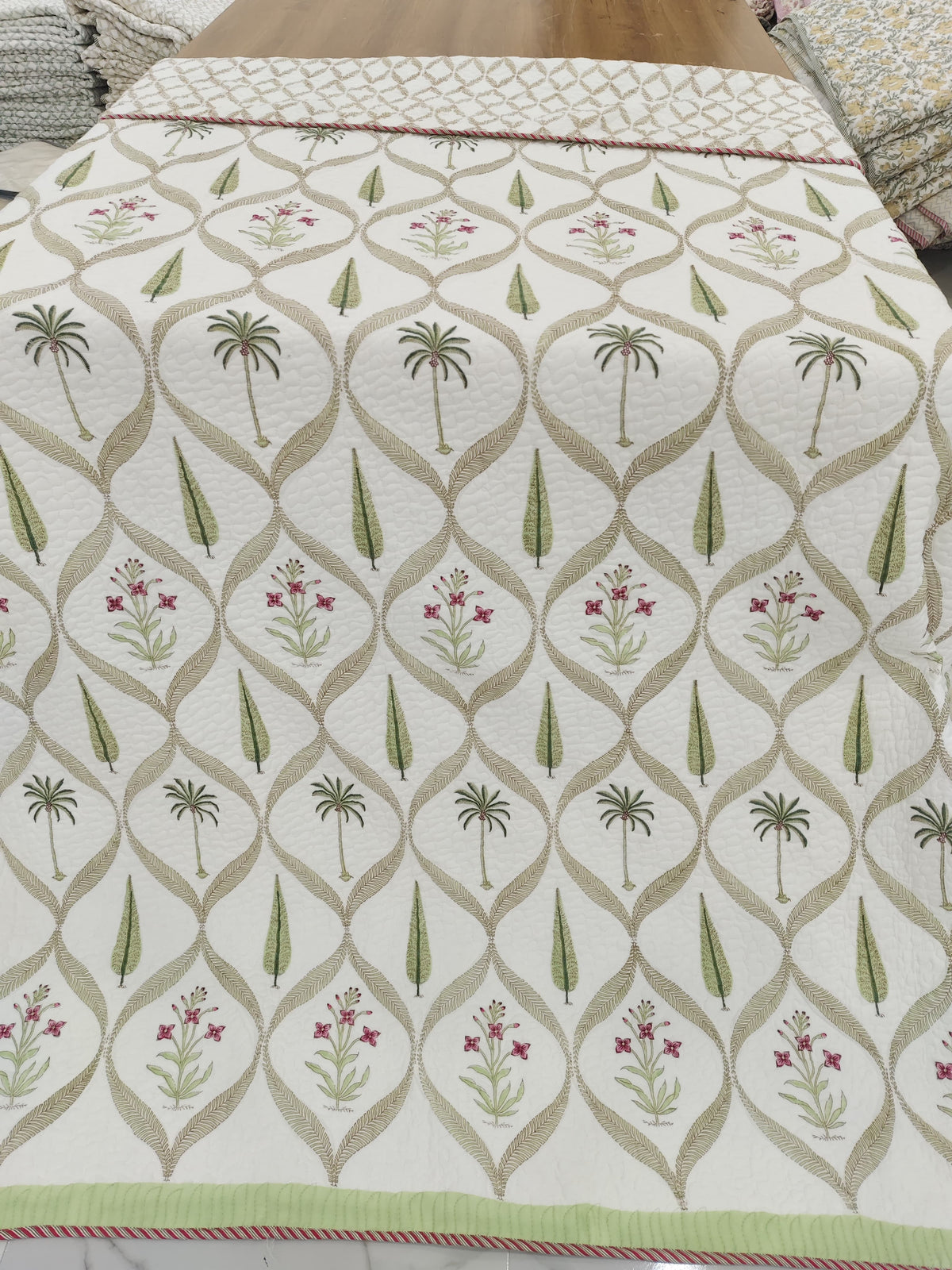 Coconut tree & Red flour Handblock Printed Reversible Quilted Cotton Bedcover- 105x108