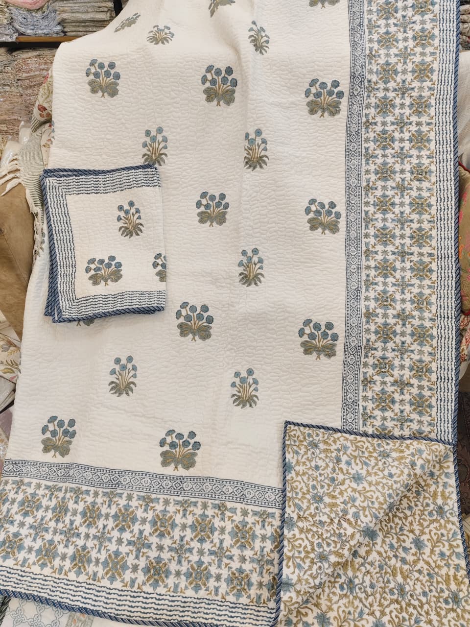 Blue Phool Handblock Printed Reversible Quilted Cotton Bedcover- 105x108