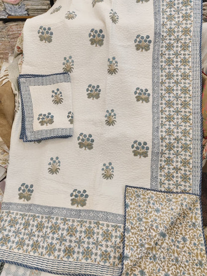 Blue Phool Handblock Printed Reversible Quilted Cotton Bedcover- 105x108