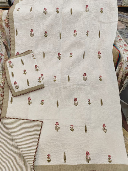 Gulab Booti Handblock Printed Reversible Quilted Cotton Bedcover- 105x108