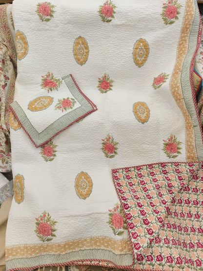Shahi Gulab Handblock Printed Reversible Quilted Cotton Bedcover- 105x108