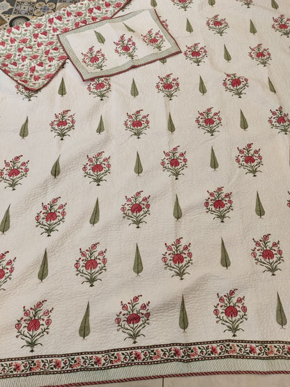 The Classic Cypress Handblock Printed Reversible Quilted Cotton Bedcover Set- 105x108