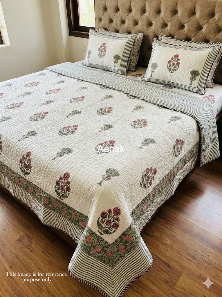 Pink Cypress Handblock Reversible Quilted Bedcover Set