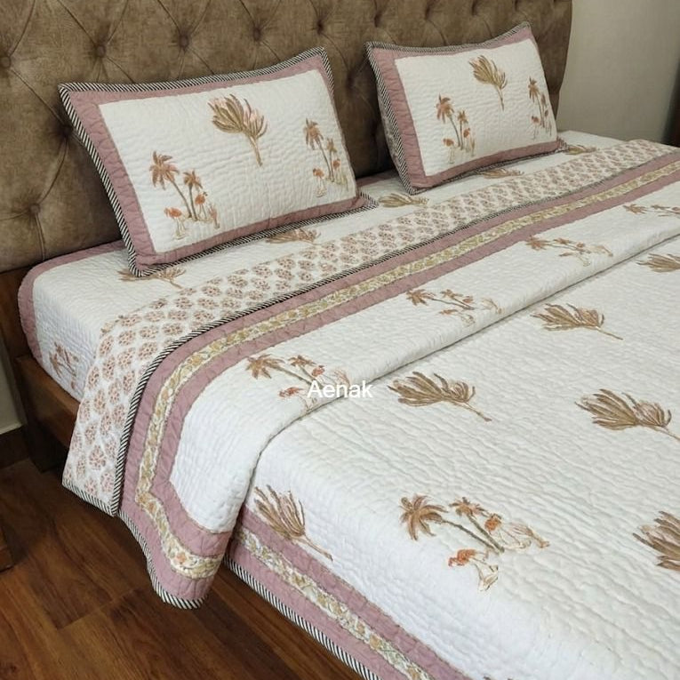 Dusty Palm Handblock Reversible Quilted Bedcover Set