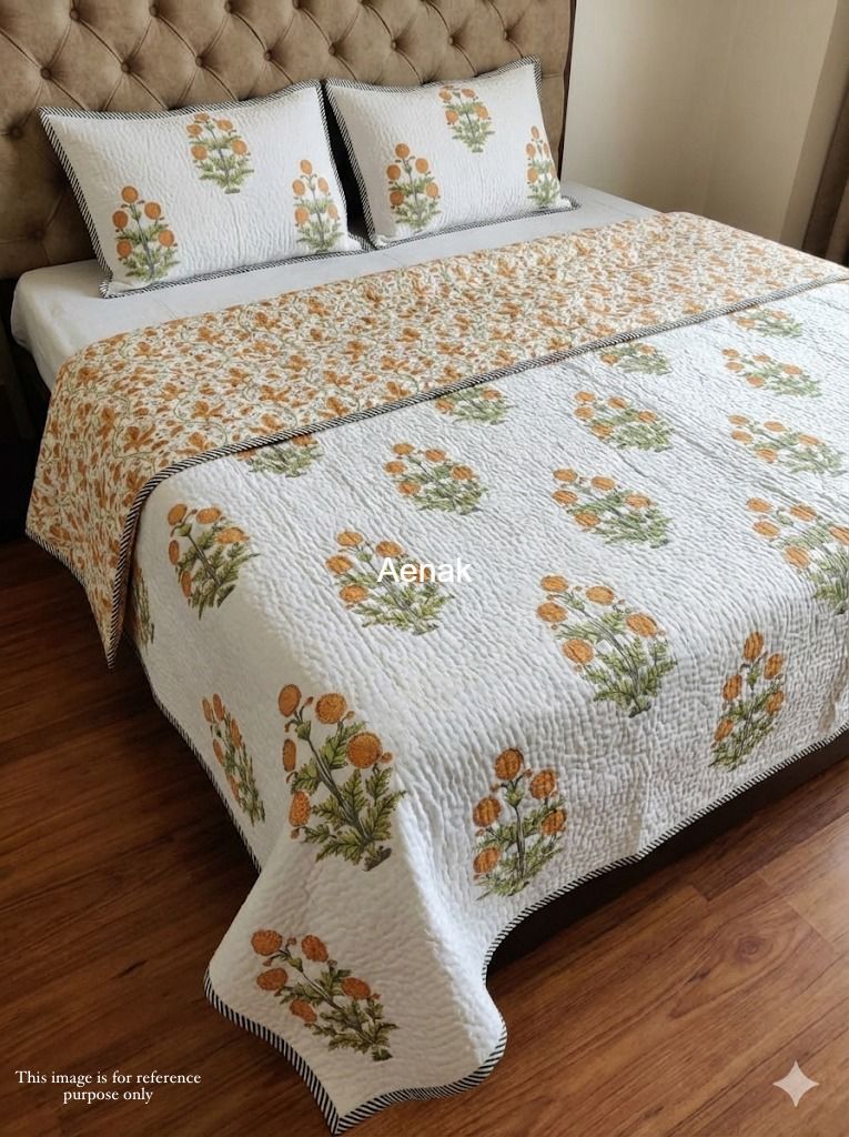 Genda Bagh Handblock Reversible Quilted Bedcover Set