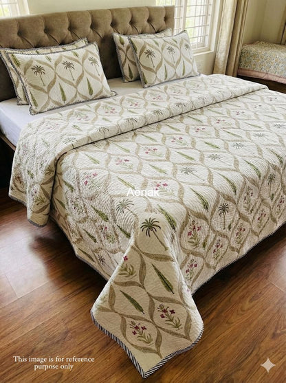 Coconut tree & Red flour Handblock Printed Reversible Quilted Cotton Bedcover- 105x108