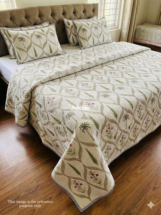 Coconut tree & Red flour Handblock Printed Reversible Quilted Cotton Bedcover- 105x108