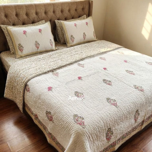 Pure Bloom Handblock Reversible Quilted Bedcover Set
