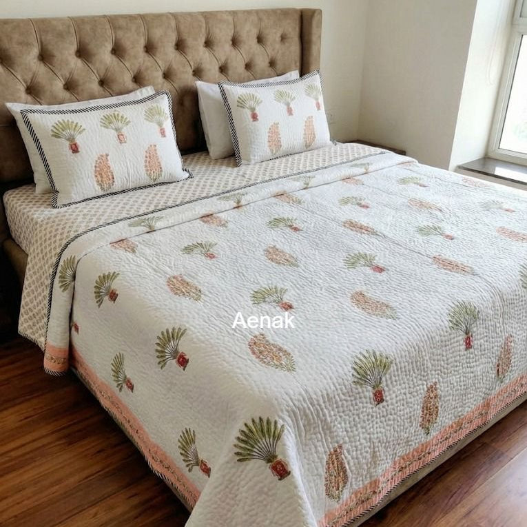 Amber Palm Handblock Reversible Quilted Bedcover Set