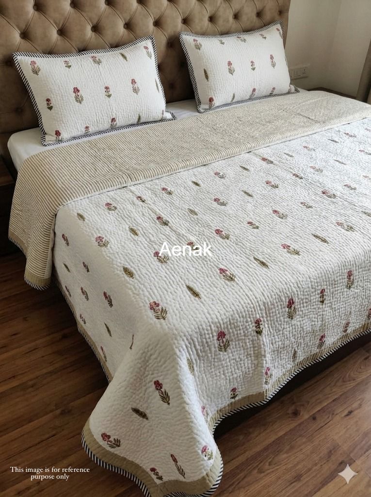 Gulab Booti Handblock Printed Reversible Quilted Cotton Bedcover- 105x108