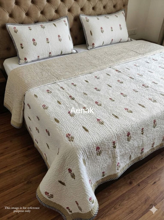 Gulab Booti Handblock Printed Reversible Quilted Cotton Bedcover- 105x108