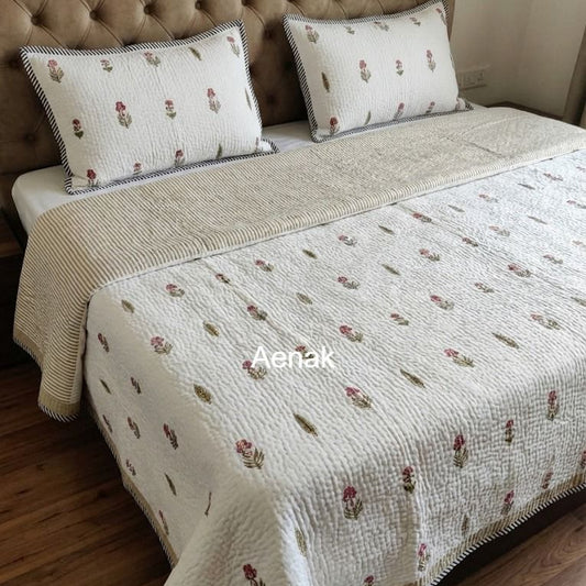 Gulab Booti Handblock Reversible Quilted Bedcover Set