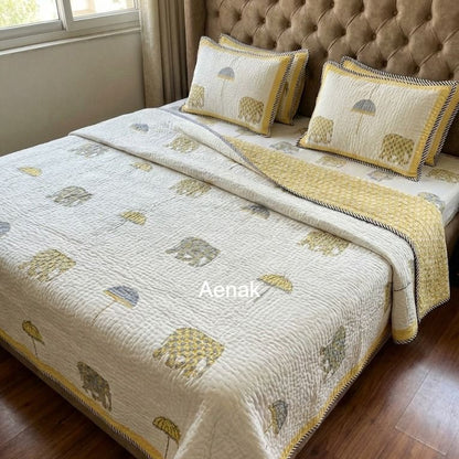 Grey & Yellow Elephant Handblock Reversible Quilted Bedcover Set