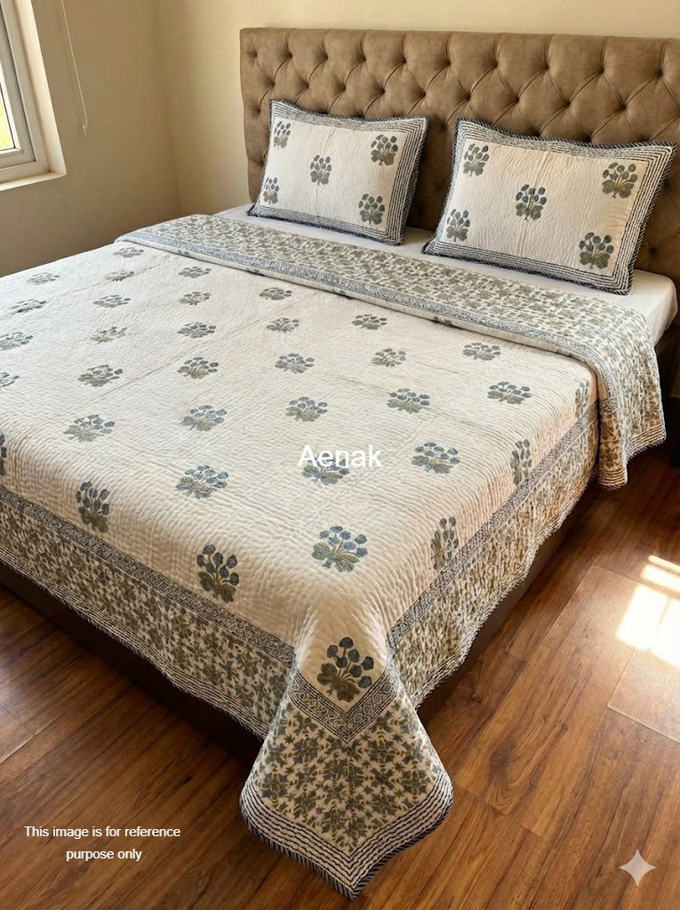 Blue Phool Handblock Printed Reversible Quilted Cotton Bedcover- 105x108