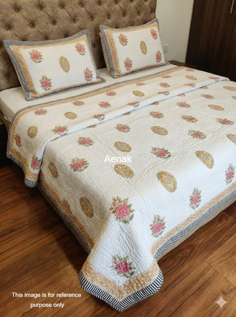 Shahi Gulab Handblock Printed Reversible Quilted Cotton Bedcover- 105x108