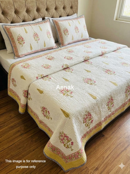 Pink Phool Handblock Printed Reversible Quilted Cotton Bedcover- 105x108