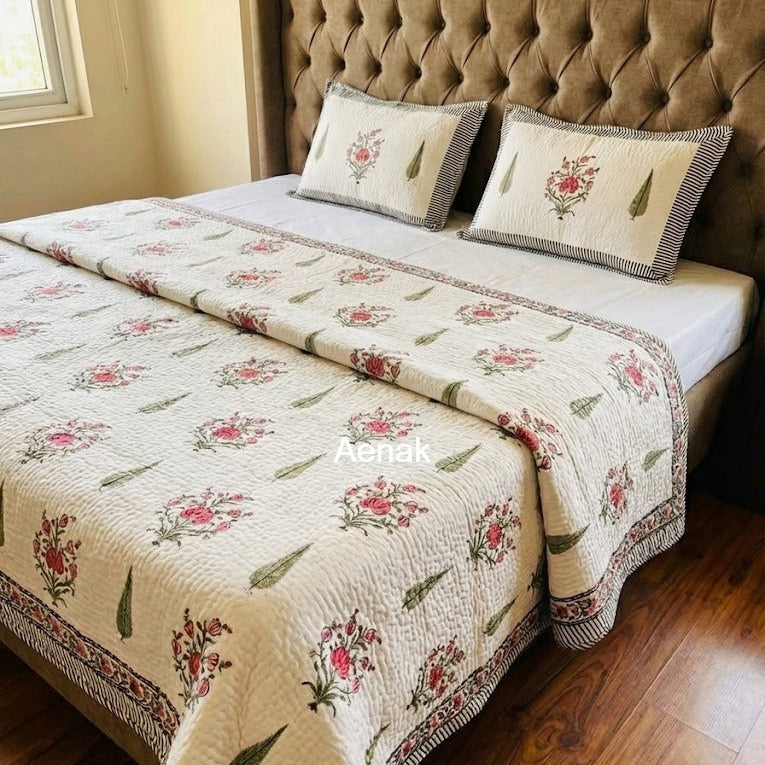 The Classic Cypress Handblock Printed Reversible Quilted Cotton Bedcover Set- 105x108
