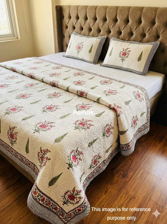 The Classic Cypress Handblock Printed Reversible Quilted Cotton Bedcover Set- 105x108