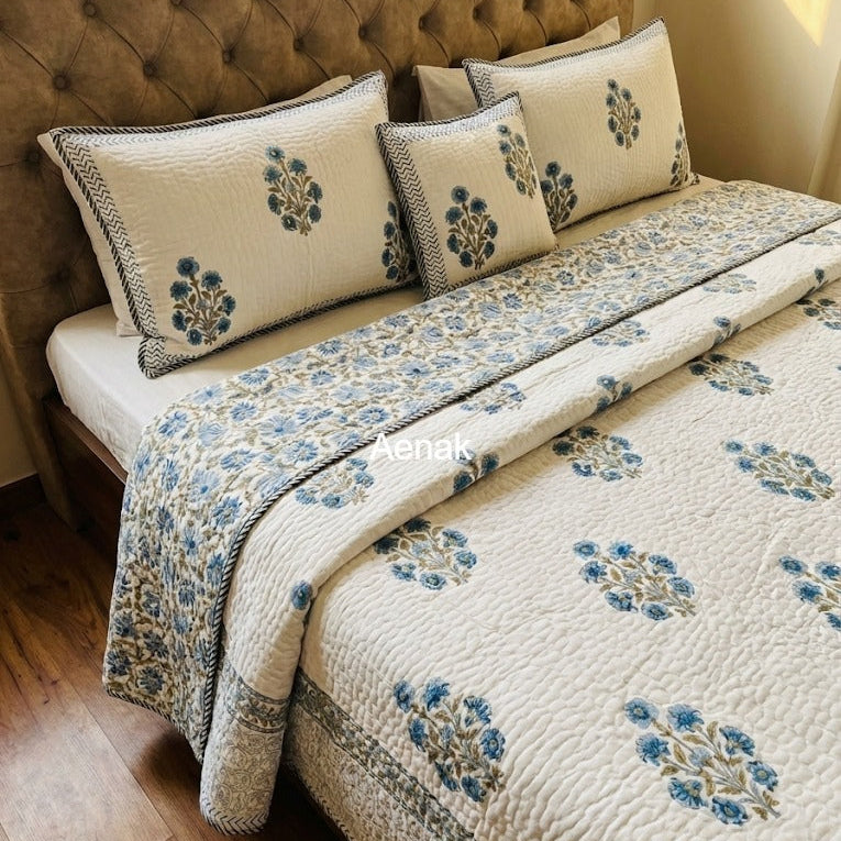Royal Indigo Buta Handblock Printed Reversible Quilted Cotton Bedcover Set- 105x108