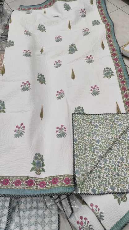Blush & Sage Handblock Printed Reversible Quilted Cotton Bedcover- 105x108