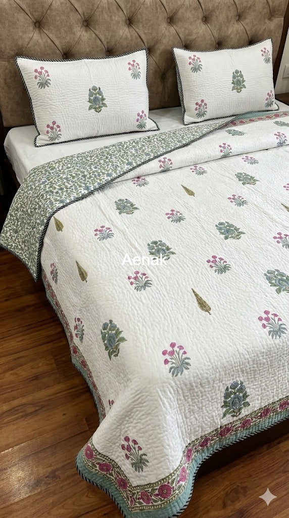 Blush & Sage Handblock Printed Reversible Quilted Cotton Bedcover- 105x108