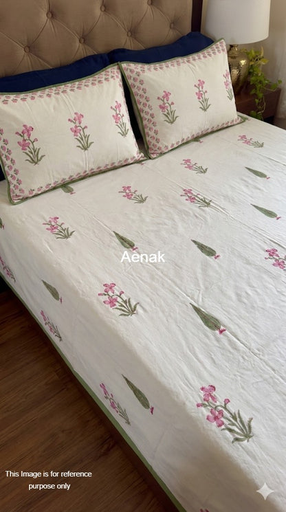 Pink Madhumati Handblock Bedsheet + Dohar Combo Set