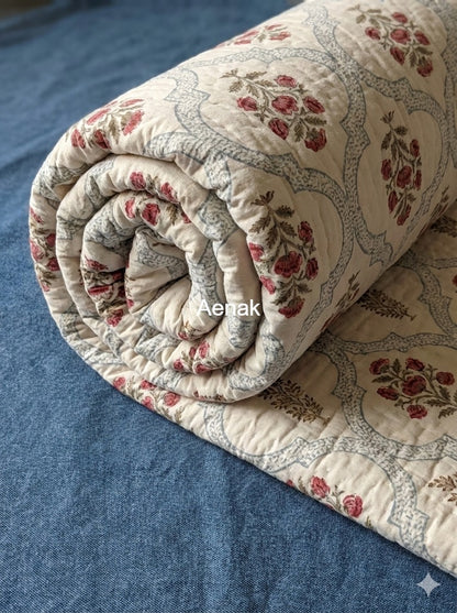 Blue Jaal Handblock Reversible Mulmul Cotton Single Quilt