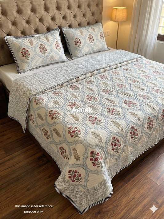 Blue Jaal Handblock Reversible Mulmul Cotton Single Quilt