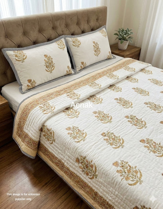 Yellow Floral Boota Handblock Reversible Mulmul Cotton Single Quilt