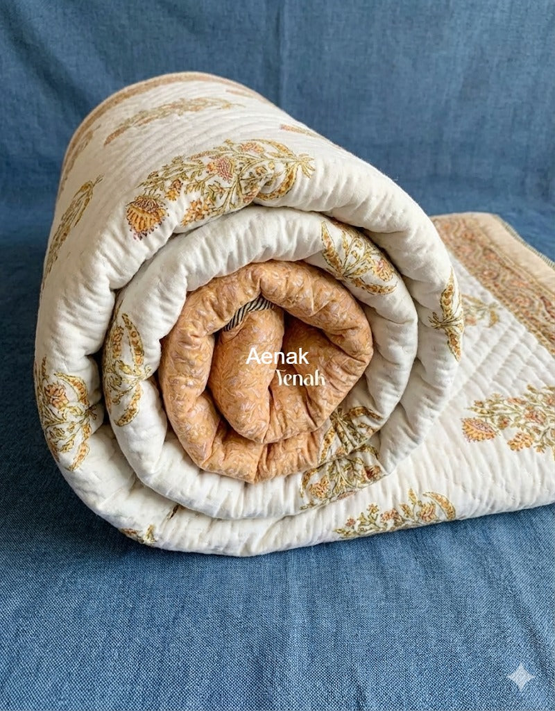 Yellow Floral Boota Handblock Reversible Mulmul Cotton Single Quilt