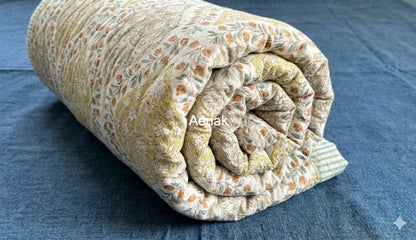 Green Jaal Handblock Reversible Mulmul Cotton Quilt