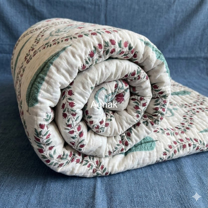 Teal Green Jaal Handblock Reversible Mulmul Cotton Quilt