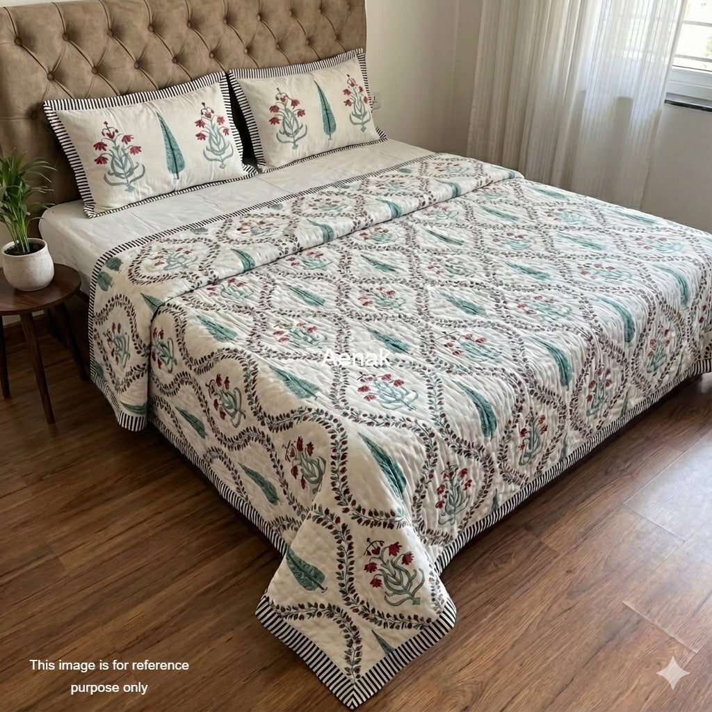 Teal Green Jaal Handblock Reversible Mulmul Cotton Quilt