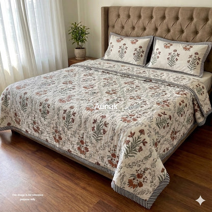 Brown Floral Handblock Reversible Mulmul Cotton Quilt