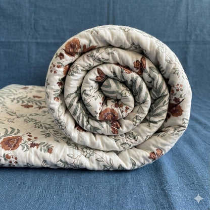 Brown Floral Handblock Reversible Mulmul Cotton Quilt