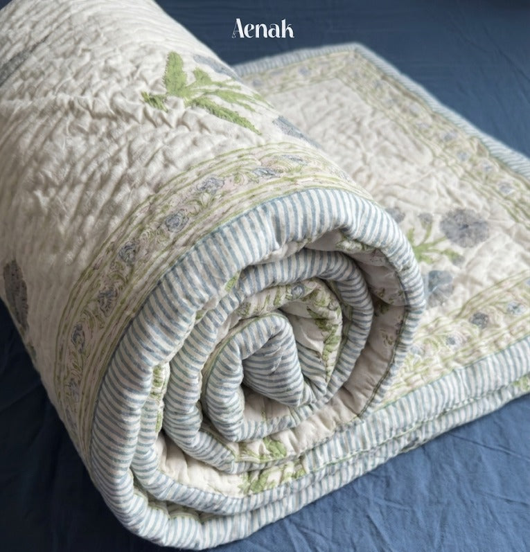 Blue Dahlia Handblock Reversible Mulmul Cotton Quilt