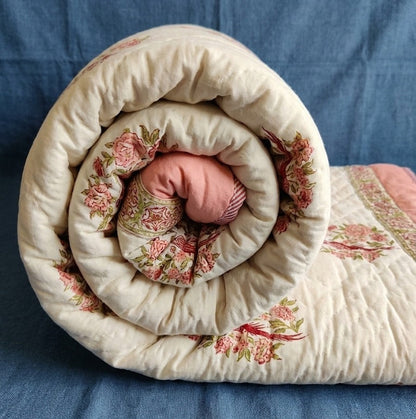 Peach Bird Boota Handblock Reversible Mulmul Cotton Single Quilt