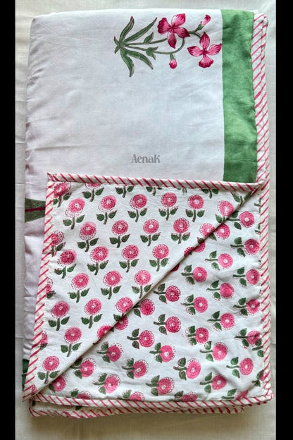 Pink Madhumati Handblock Bedsheet + Dohar Combo Set