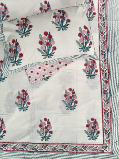 Gardenia Red Handblock Premium Cotton Bedsheet Set