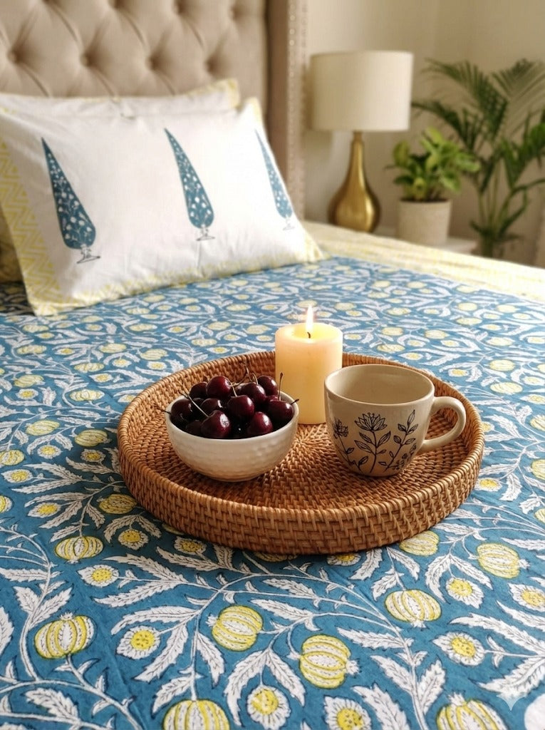 Blue Yellow Anaar Handblock Premium Cotton Bedsheet Set