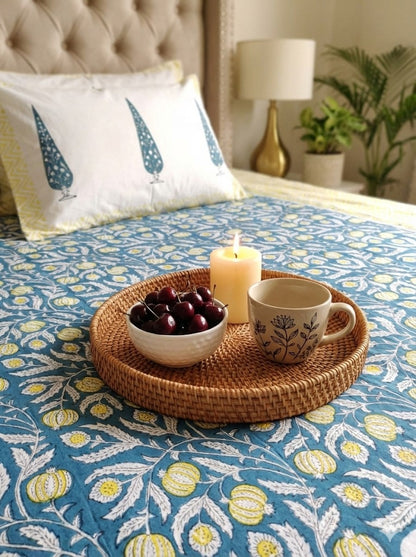 Blue Yellow Anaar Handblock Premium Cotton Bedsheet Set