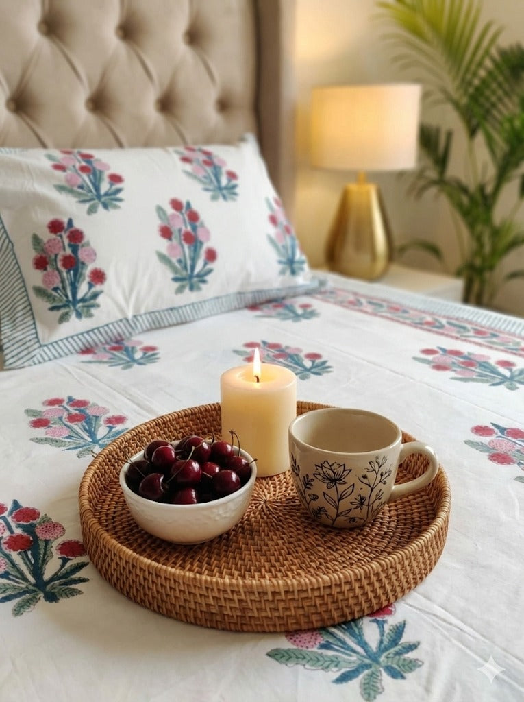 Gardenia Red Handblock Premium Cotton Bedsheet Set