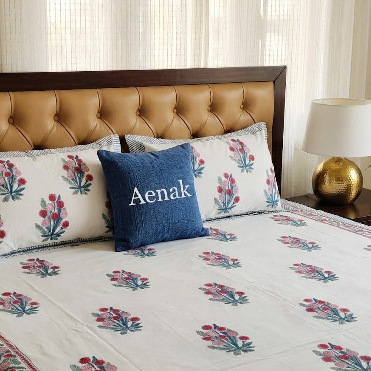 Gardenia Red Handblock Premium Cotton Bedsheet Set