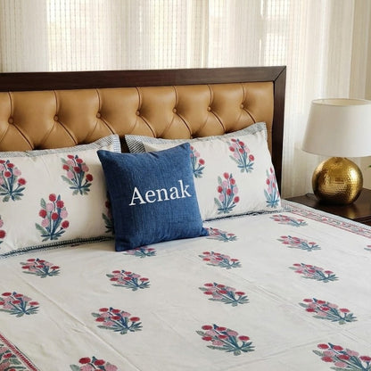Gardenia Red Handblock Premium Cotton Bedsheet Set