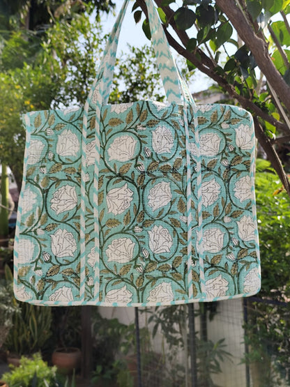White Phool Quilted Cotton Zipper Travel Bag