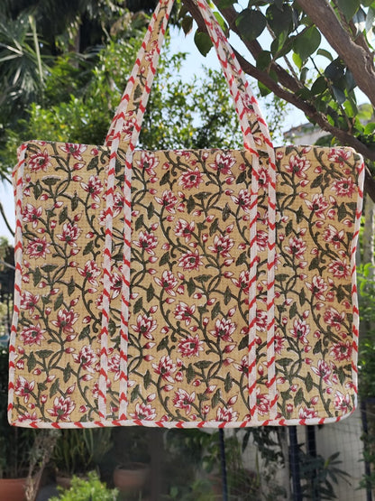 Beige Floral Jaal Quilted Cotton Zipper Travel Bag